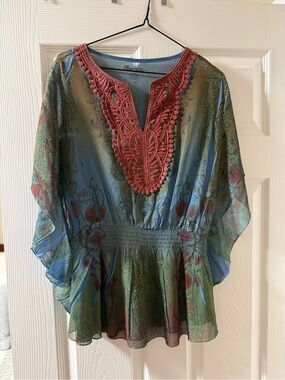 Wrangler Sheer Blue and Green Tunic with Coral Embroidered Neckline